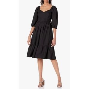 The Drop Lexi Smocked Back Dress Black Puff Sleeve Tiered Midi Dress NWT Medium